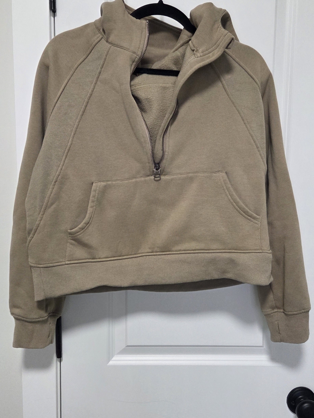 Cropped Half-Zip Pullover Hoodie in Taupe